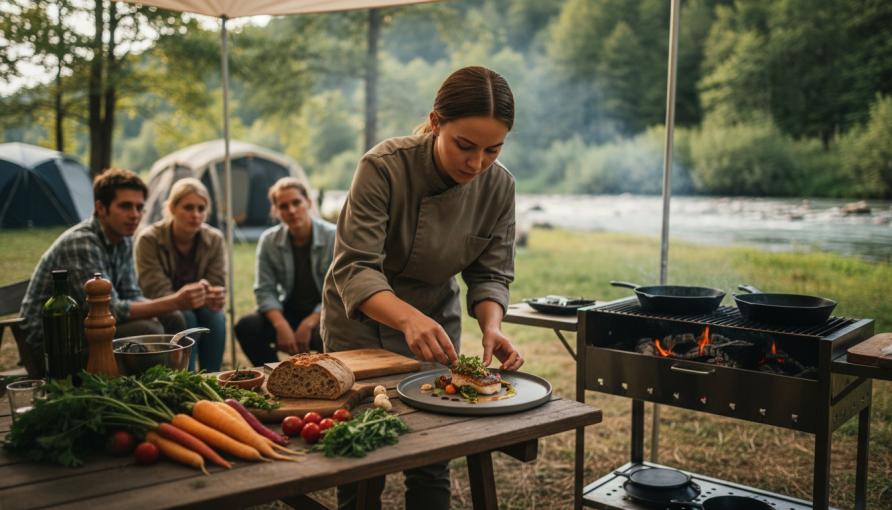 שף בשטח מכין ארוחת גורמה בלב הטבע