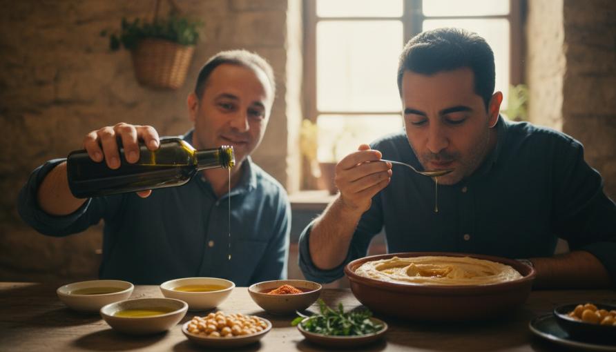 צלחת חומוס חם עם שמן זית משלים ותוספות צבעוניות