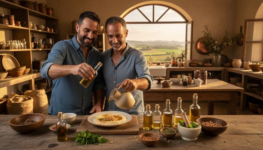 טפטוף שמן זית על חומוס טרי במסעדת חומוס ביתית
