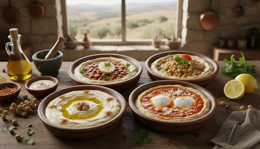 תוספות ייחודיות לחומוס כגון בצל מטוגן, כרובית ופטריות בבוטקה