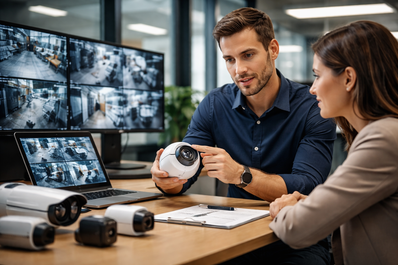 מבט על מצלמות אבטחה המותקנות בעסק קטן במסגרת מדריך ראשוני להגנה ובקרת וידאו