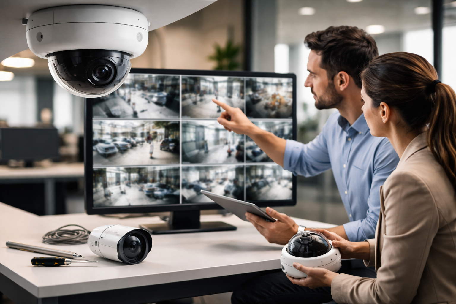 בעל עסק צופה במסך מלא מצלמות אבטחה במשרד &ndash; מדריך ראשוני לאבטחת העסק