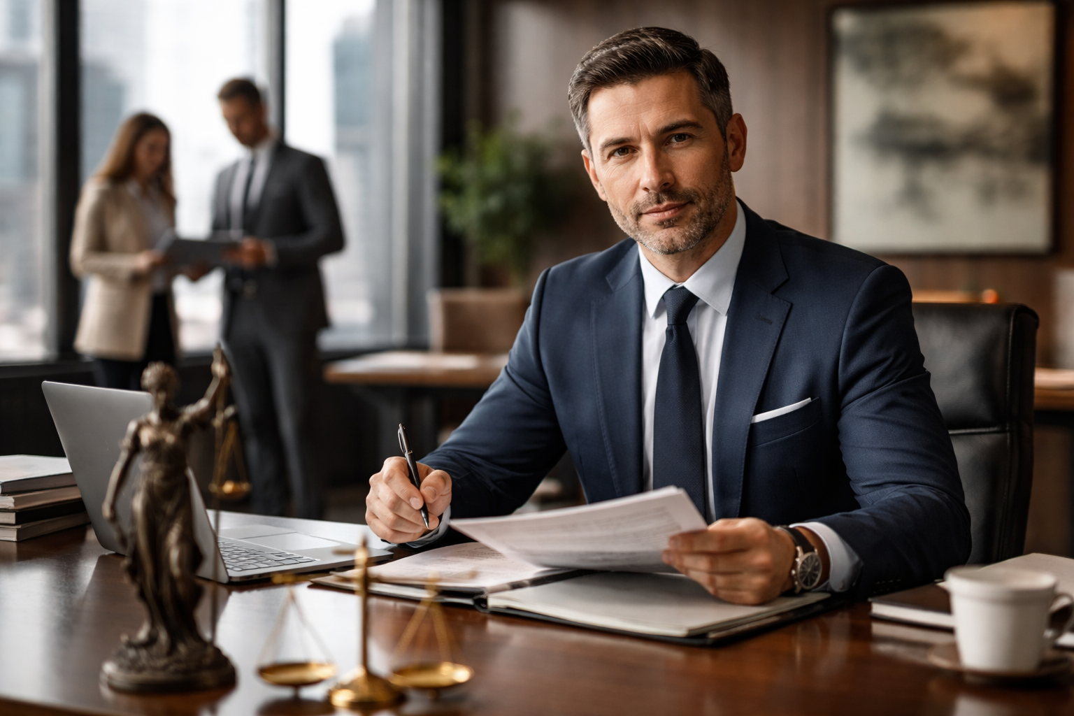עורך דין מסחרי בוחן מסמכים משפטיים במשרדו המקצועי