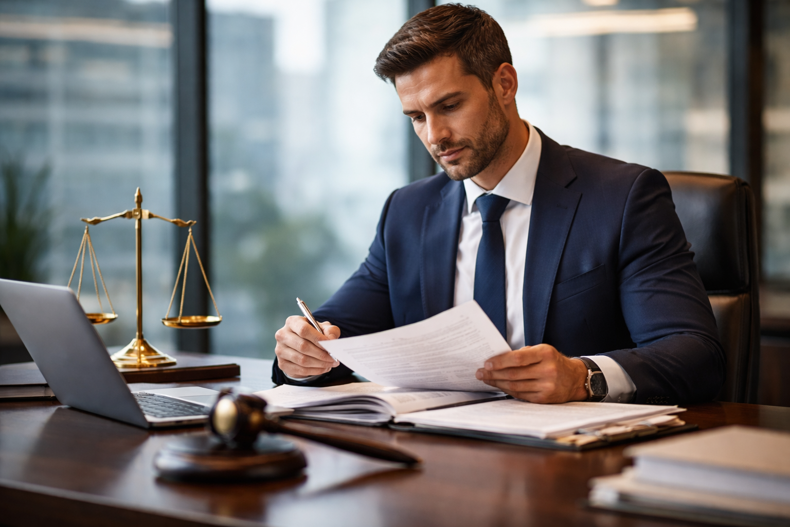עורך דין מסחרי יושב במשרד מודרני ועובד על מסמכים משפטיים ליד מחשב נייד