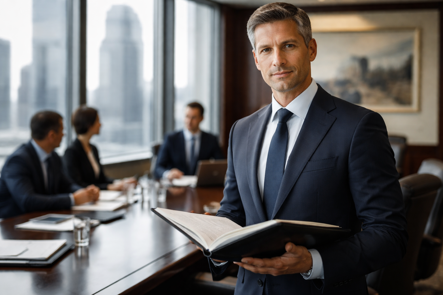 עורך דין מומחה מציג מסמכים משפטיים בפני נציגי בנק גדול
